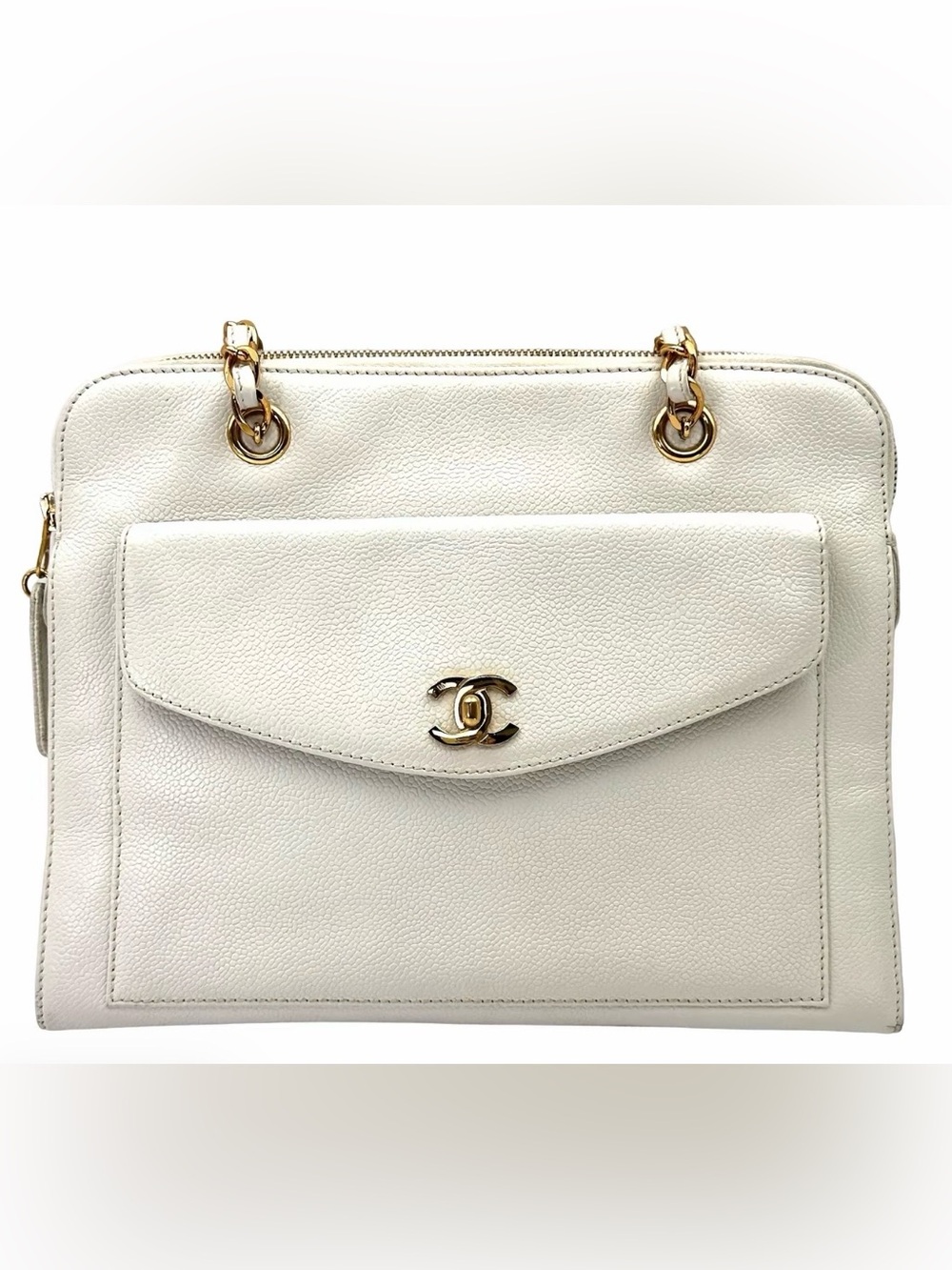 🤍 VINTAGE CHANEL WHITE CAVIAR LEATHER SHOPPING TOTE 🤍
